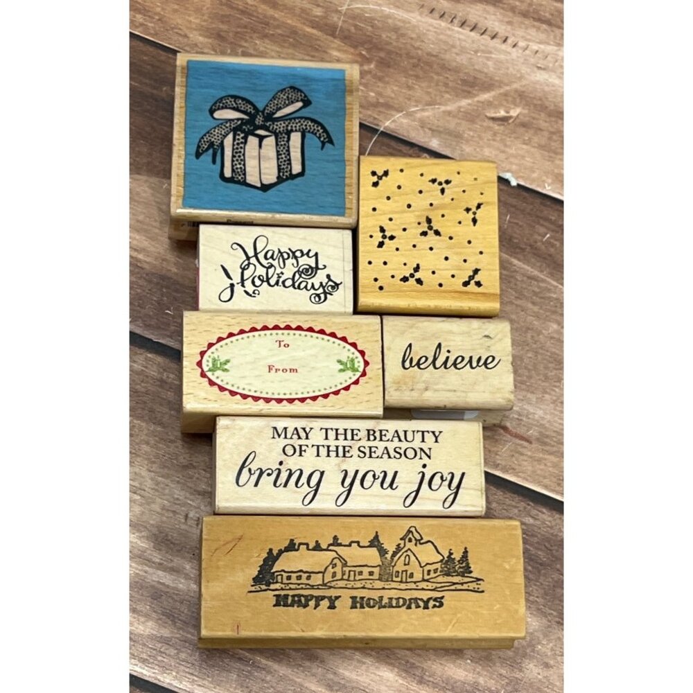 Lot of 7 mostly unbranded Holiday WOOD MOUNTED RUBBER STAMPS
